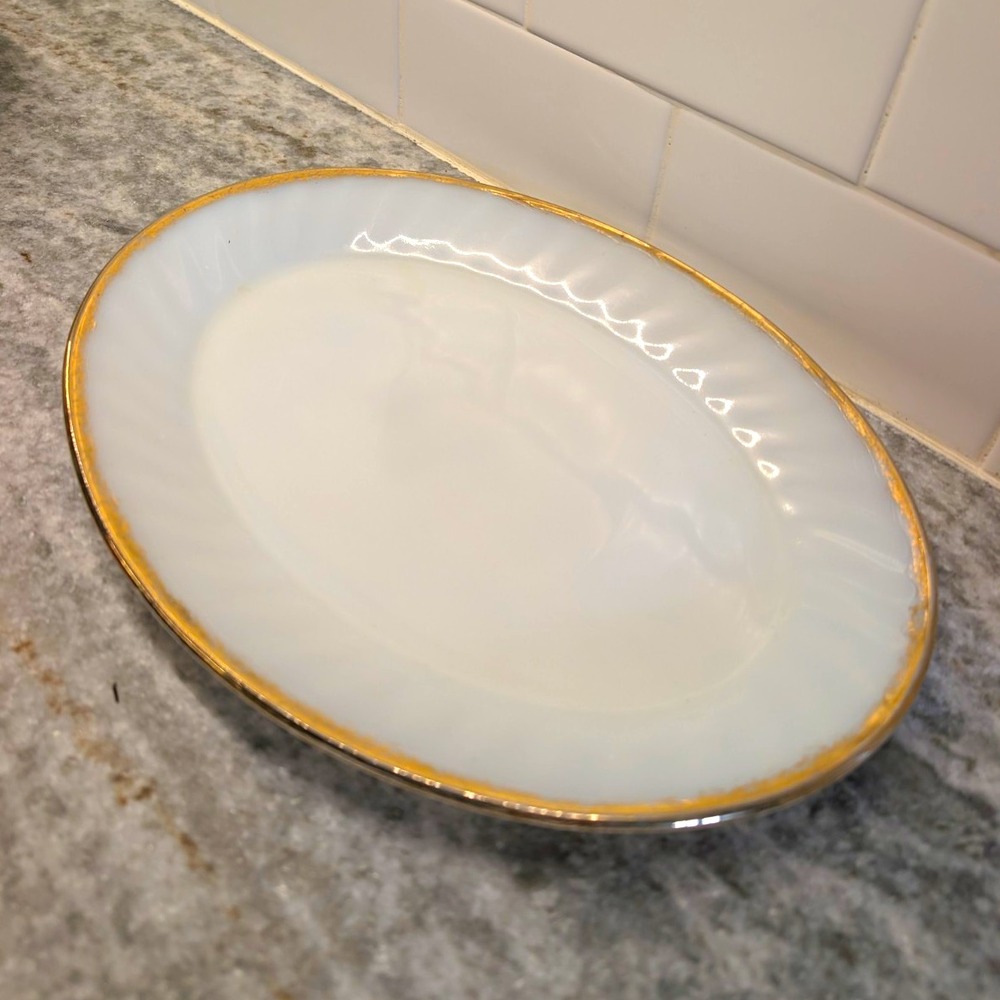 Vintage Fire King Milk Glass Oval Platter 12x9 Swirl Gold Rim Made USA